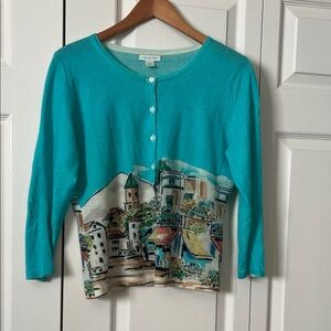 Garnet Hill Turquoise Blue Town Print Button Cardigan